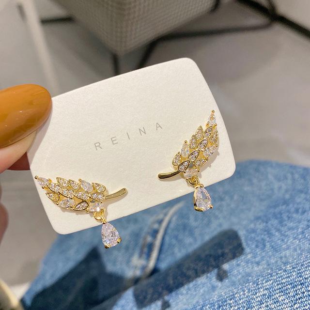 

14-каратное настоящее золотое покрытие AAA циркон роскошные серьги-подвески в виде листьев элегантные женские корейские новые модные ювелирные изделия свадебные вечерние серьги белый