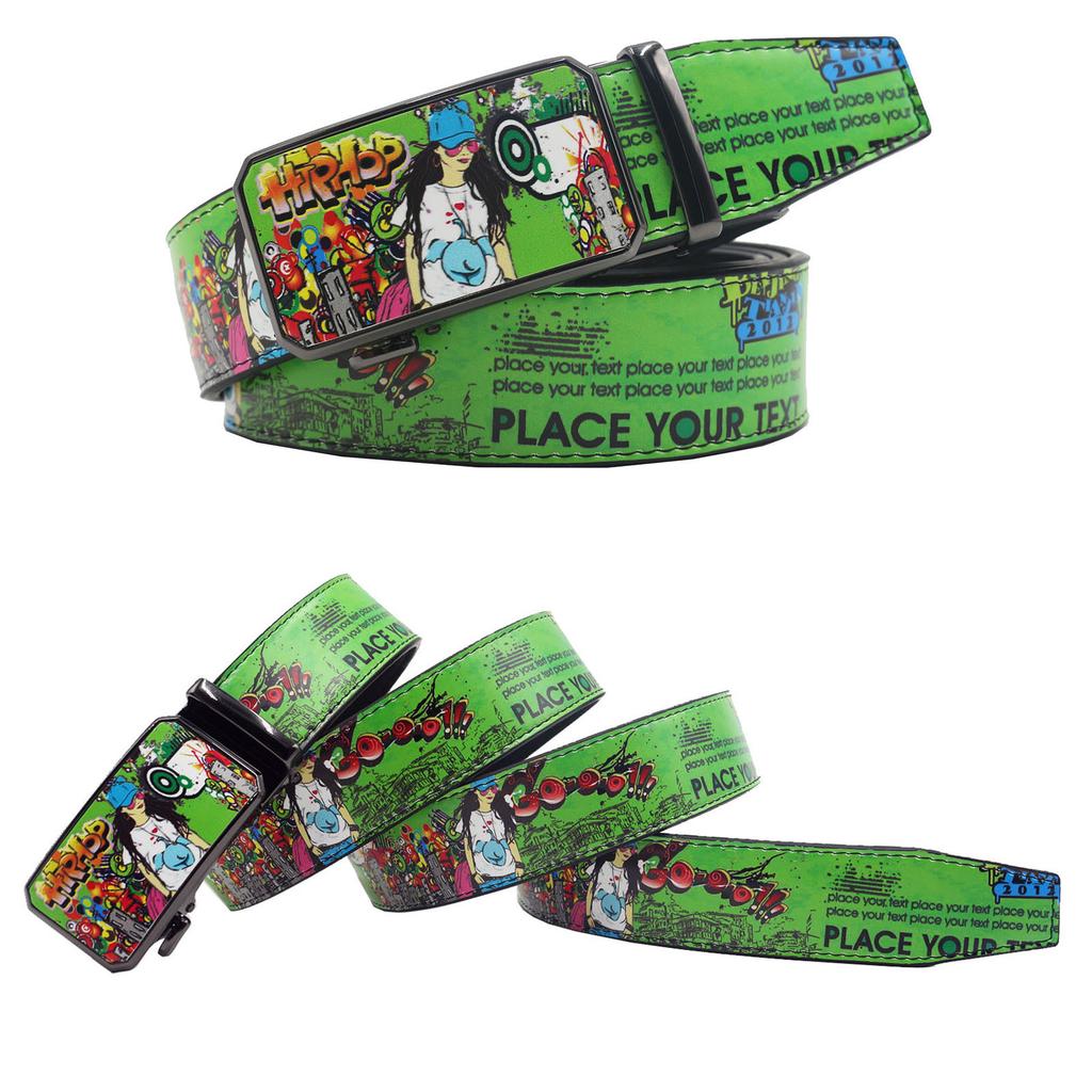 New Casual Automatic Buckle Printed Graffiti Casual Versatile Personalized Belt Belt European and American Versatile