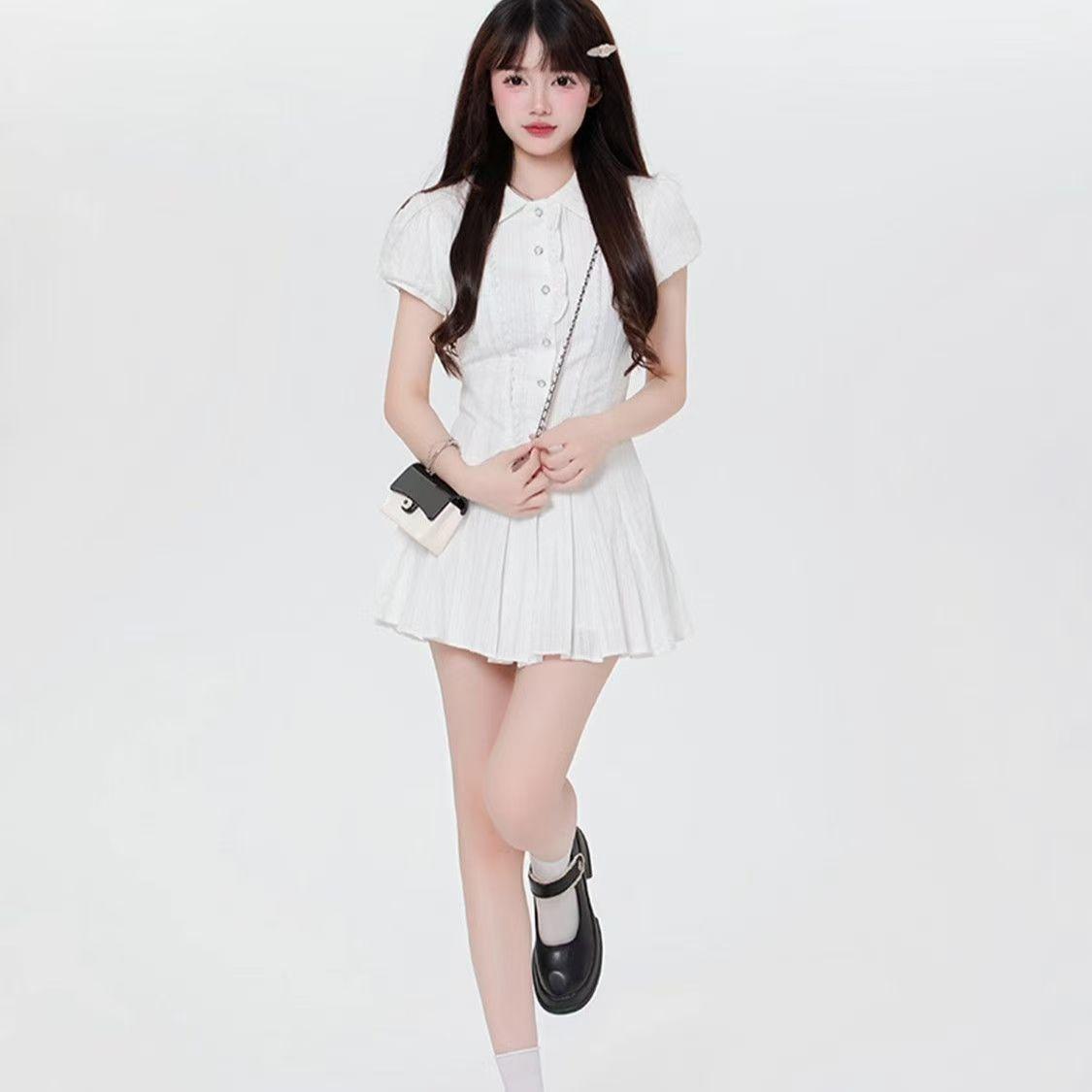 Academy style bubble sleeves white shirt dress children summer French temperament small first love waist skirt S чёрный