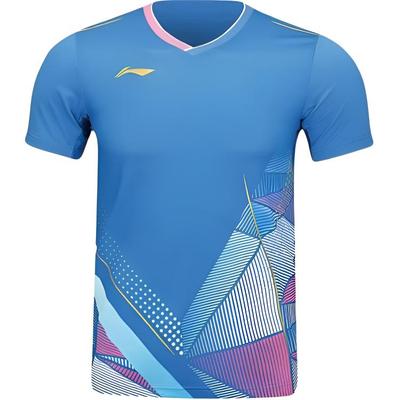 Li Ning International Team Competition Schnelltrocknendes Kurzarm-T-Shirt Atmungsaktiv Bequem Kühl Matchwear Badminton-Shirt Herren Oberteile Blau AAYU127-4