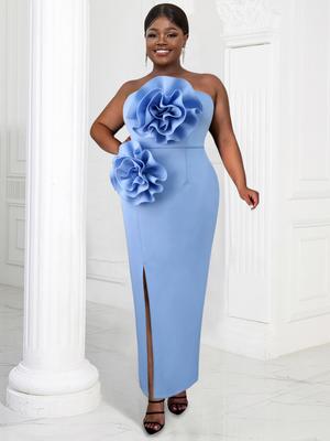 Formale Abendparty-Kleider für Frauen, sexy, schulterfrei, blau, große Blume, Rüschen, Paket, Hüfte, elegant, lang, schlank, Vestidos, Event-Anlass, Abschlussball