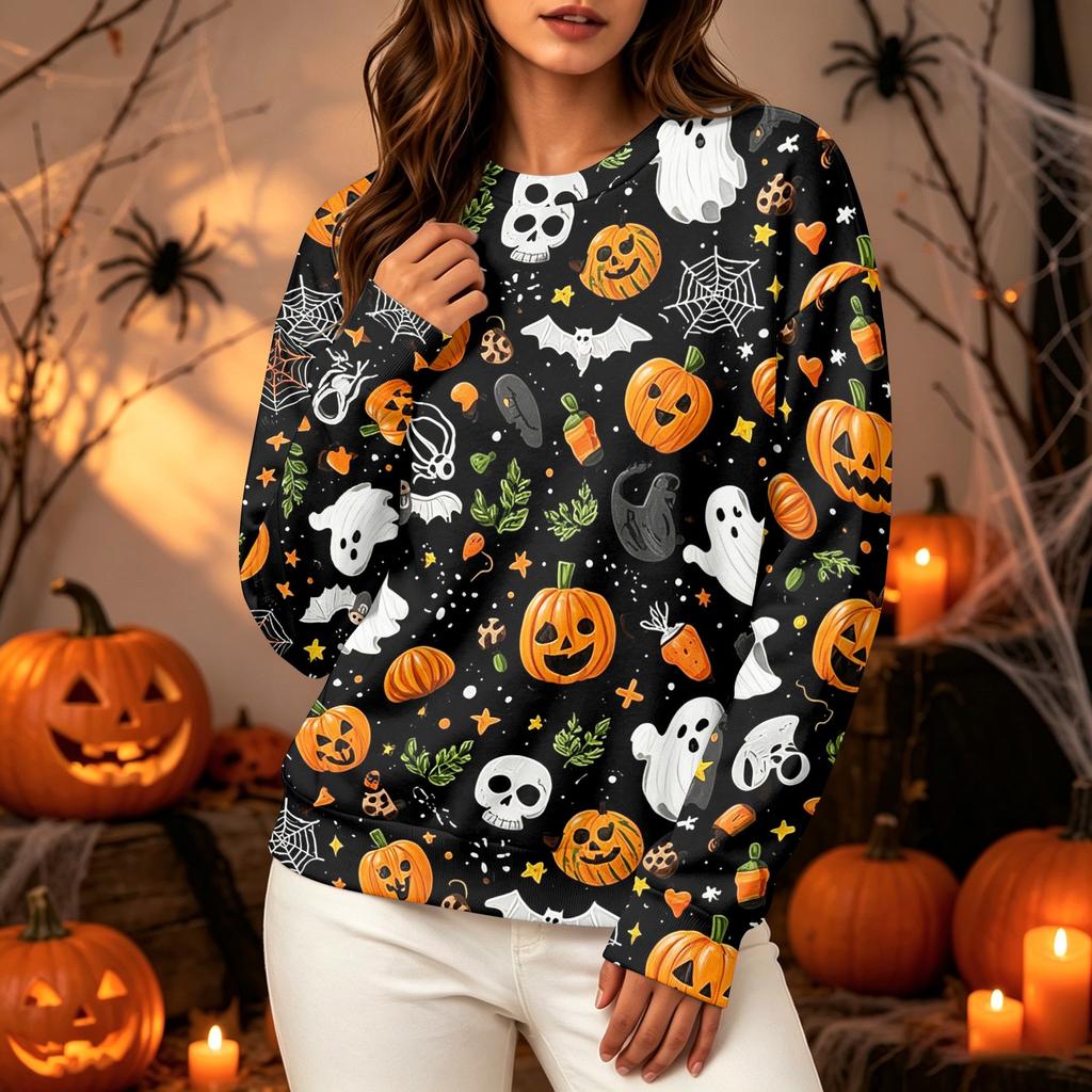 Women's Halloween Long Sleeve Sweatshirt with Pumpkin Print, Round Neck Pullover Top for Casual Daily Wear