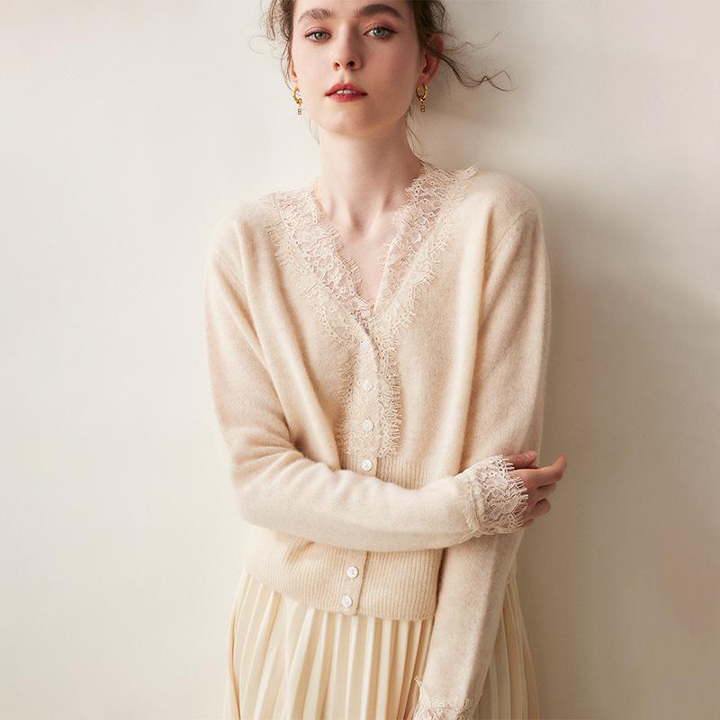 Women's V-Neck Cashmere Cardigan with Lace Trim - Short Knit Sweater Coat for Autumn/Winter