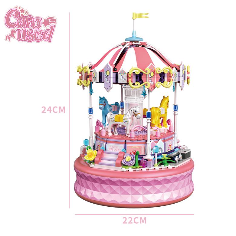 Non-Toxic Amusement Electric Park Merry-Go-Round Carousel Mini Led Blocks Bricks Music Box Lighting Building Children Toy Panda Cub Model Gift