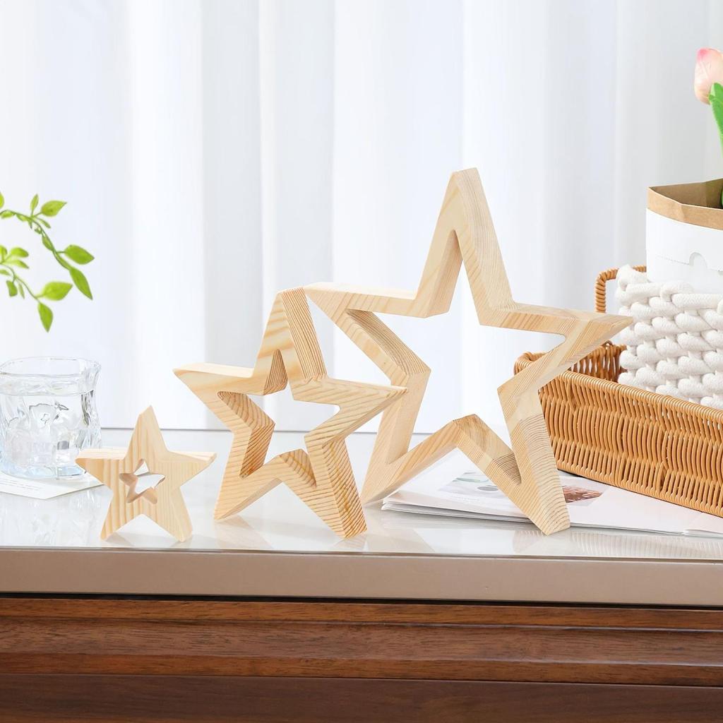 3 Pieces Wooden Star Christmas Decor Handicrafts Wooden Star Decoration Wooden Star Tabletop Centerpiece Sign For Desk Table