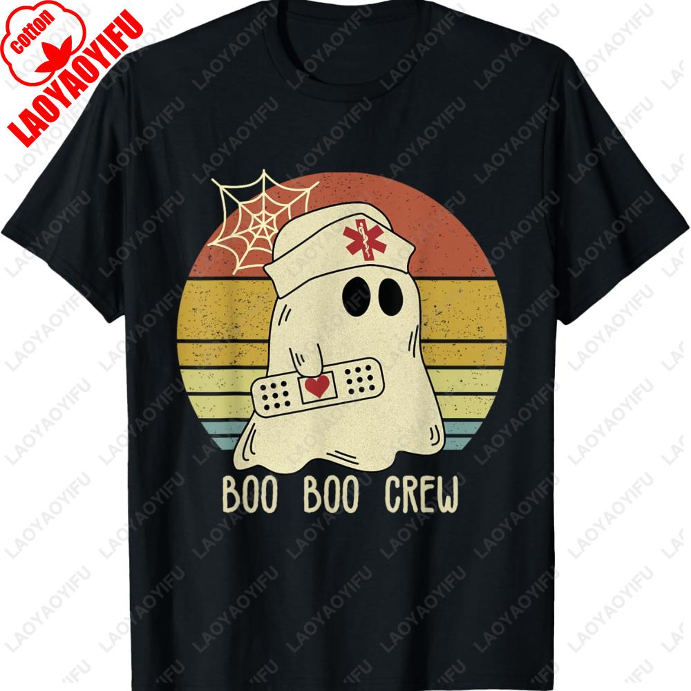 Boo Boo Crew Nurse Halloween Graphic T Shirts Spider Web Woman Men Cotton Tshirt Tops Lovely Ghost Nurse Crewneck T-shirt