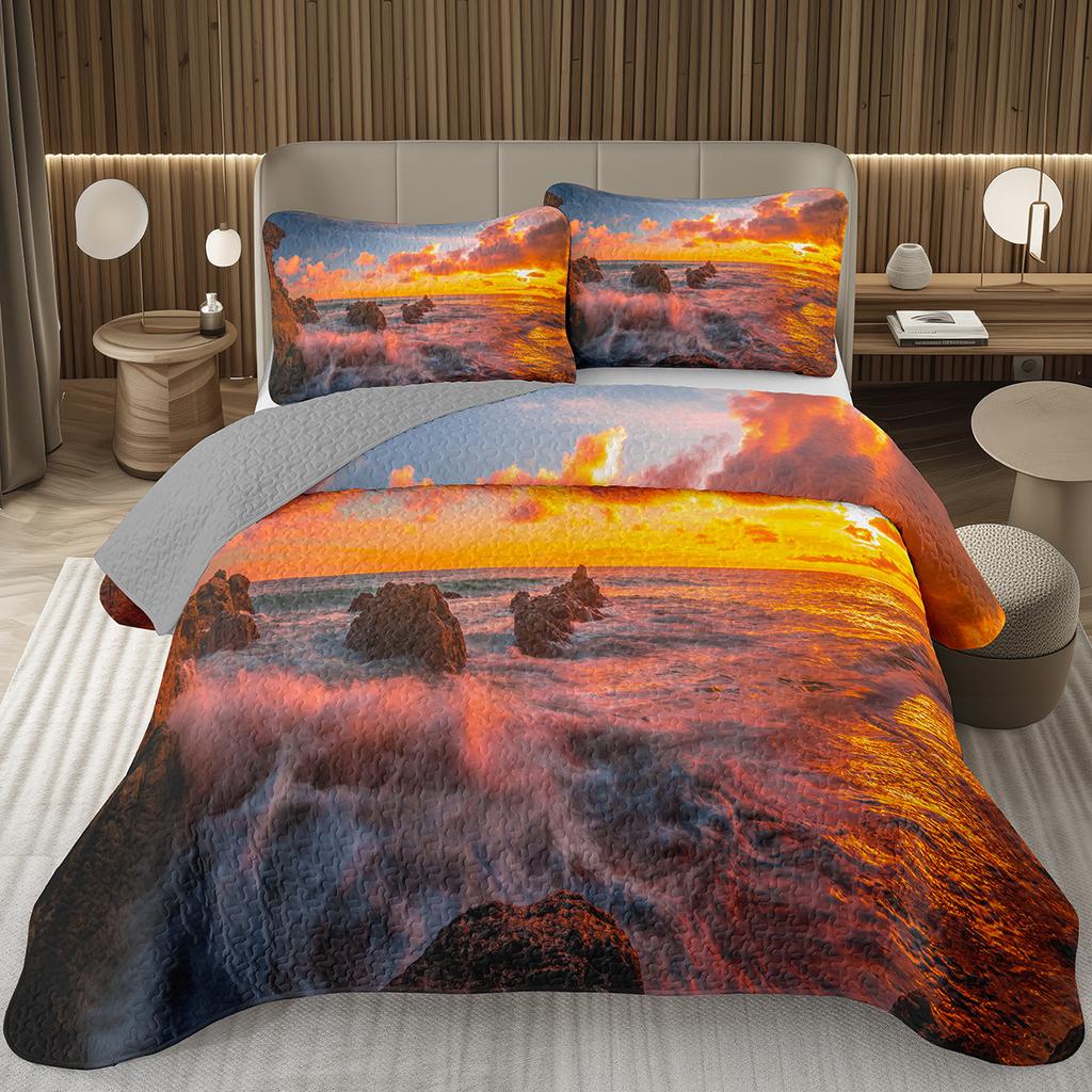 Sunset Scenery Bedspread Queen/Full Natural Landscape Quilted Coverlet 2/3Pcs Reversible Grey Bedding Set for Boy Girl Room Dorm