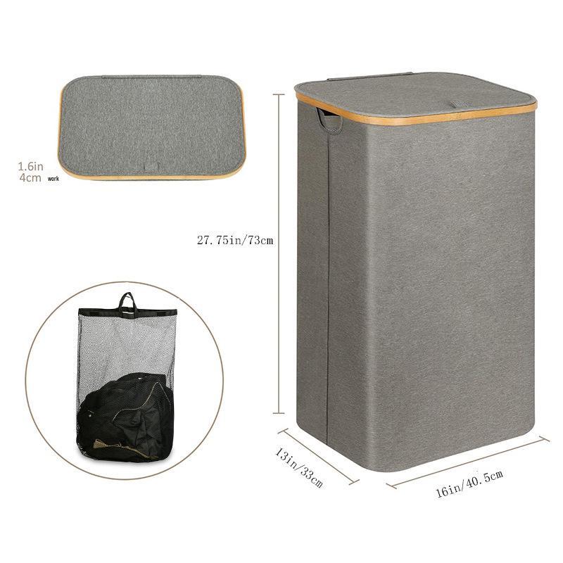 Foldable Bamboo Laundry Basket with Lid and Inner Bag for Bathroom/Bedroom