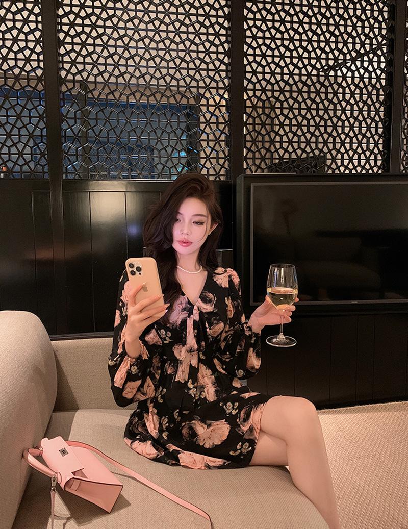 

French atmosphere fishing dating dress women s spring and autumn new slim and thin royal sister spice girl beautiful light luxury dress S чёрный