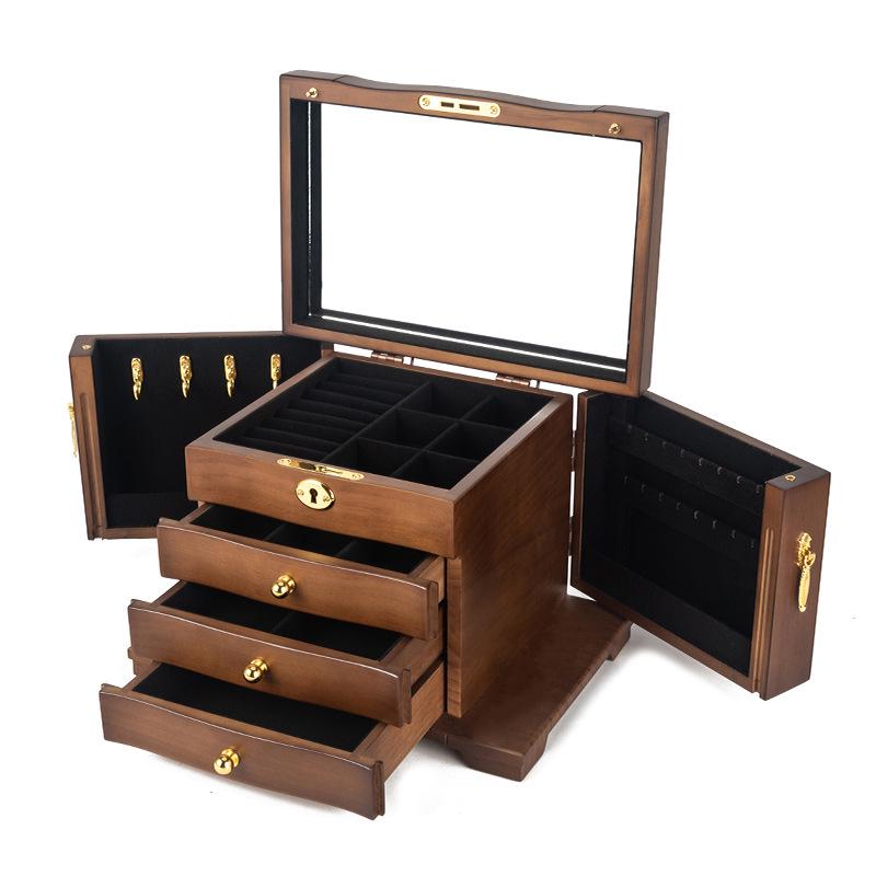 Mid-Century Solid Wood Jewelry Box with Lock: Multi-Layer Storage and Velvet Interior