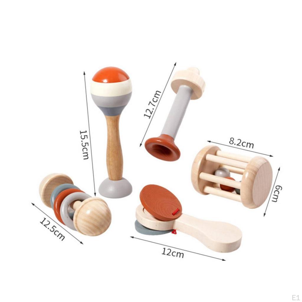 5 Pieces Wooden Rattle Musical Sensory Set Gentle for Babies