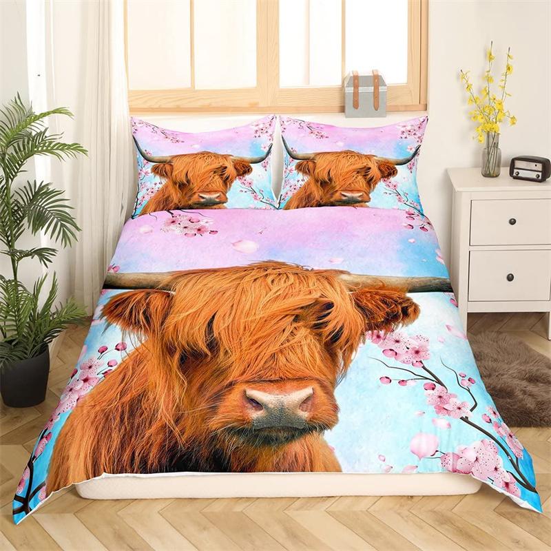 Highland Cow Duvet Cover Western Farm Animal Bedding Set Full King For Boys Girls Microfiber Floral Bull Cattle Comforter Cover
