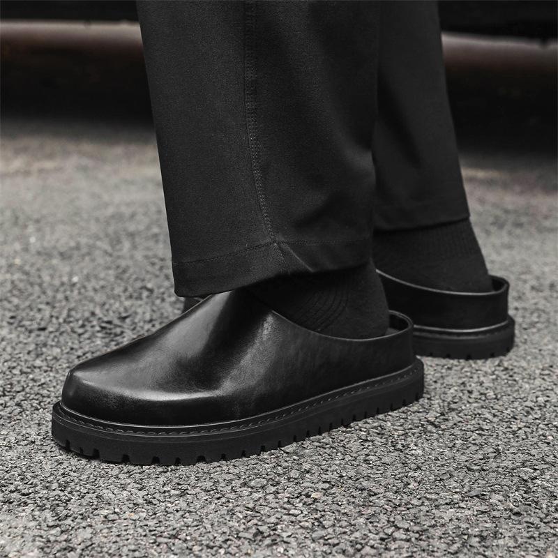 Derby boty z karbonové černé kulaté špičky kožené boty pánské všestranné platformové pánské módní trend poloviční nazouvací kožené boty casual 18887-J