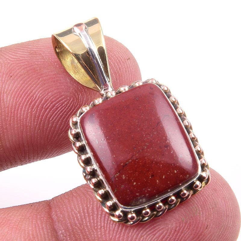 

Natural Red Jasper Gemstone 925 Solid Sterling Silver TwoTone Pendant 1.25 Z6O95