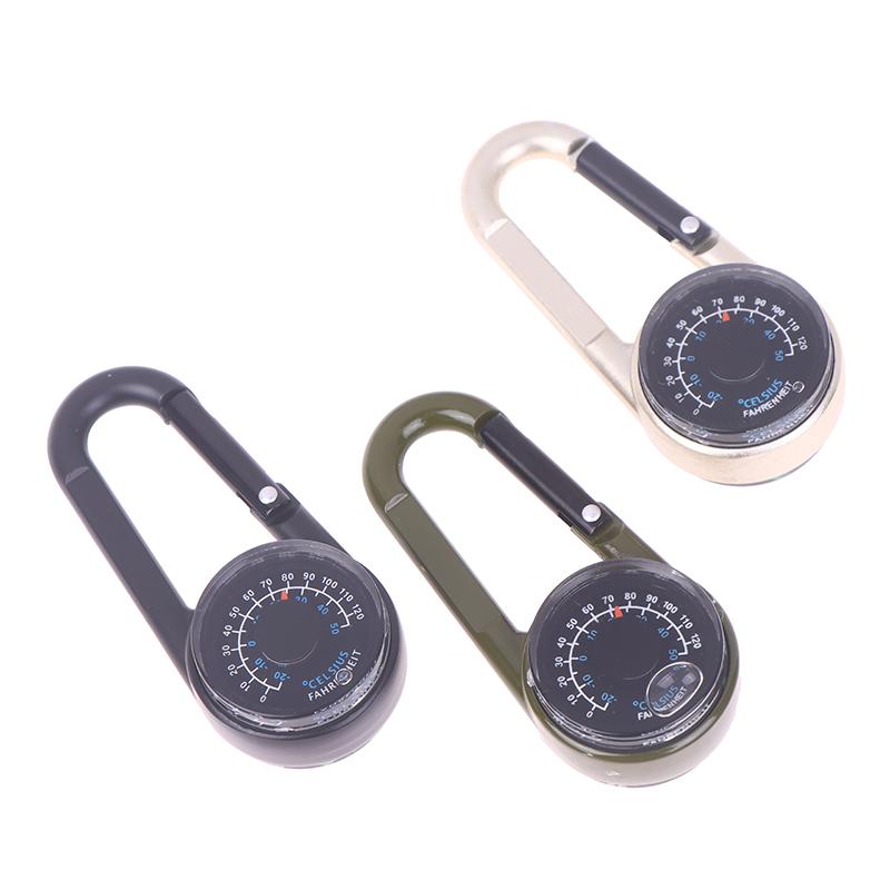 1Pc 3 In 1 Double Sided Mini Compass Carabiner Keychain With Compass Thermometer Outdoor Hiking Survival Zinc Alloy Key Ring