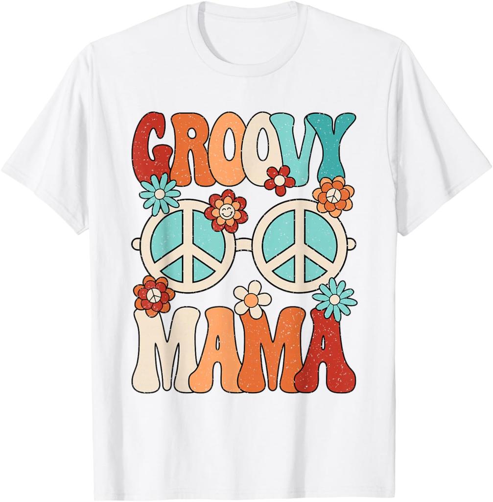 Groovy Mama Peace Sign Flowers Retro Hippie Graphic Tee Women's Casual Trip T-Shirt