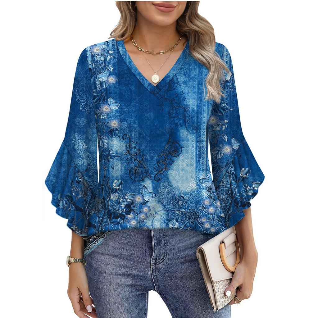 Summer Tops For Women Cute V Neck 3/4 Sleeve Blouses Floral Print Top Casual Shirts