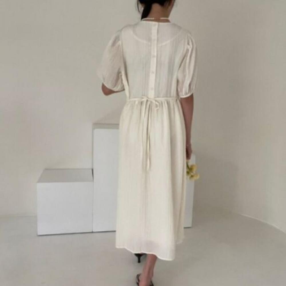 Mizqz Loose Fit Wrinkle Puff Shirring Long Dress With Back Button 3color