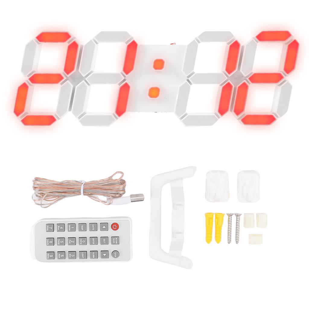 Colorful LED Wall Clock 3D Number Quiet 5 Brightness Time Date Temperature Display Number Clock for Kitchen Bedroom