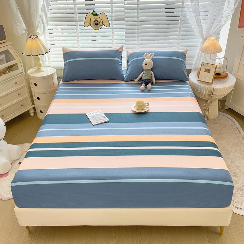 3pcs Grey Striped Cotton Fitted Sheet, Set Adult Kid Teen Bedroom Thickened Bedding with 2 Pillowcases, Geometric Line Bed Cover