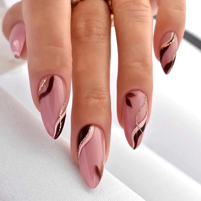 Wearable Pink Brown Patchwork Wave Nail Art Tips - Medium Long False Nails