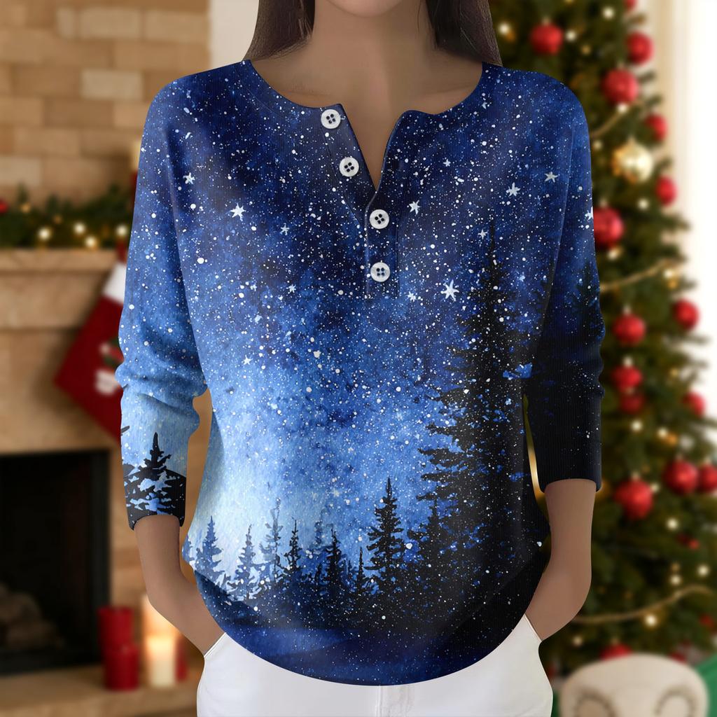 Women's Fashion Long Sleeve Christmas Snowflake Print Top Elegant Casual Top