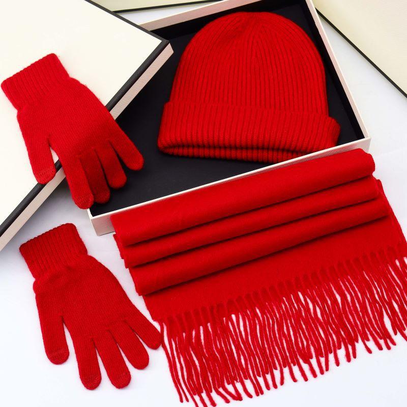 Gift box knitted three-piece 100% solid color wool scarf women's autumn and winter hat gloves versatile warm winter shawl