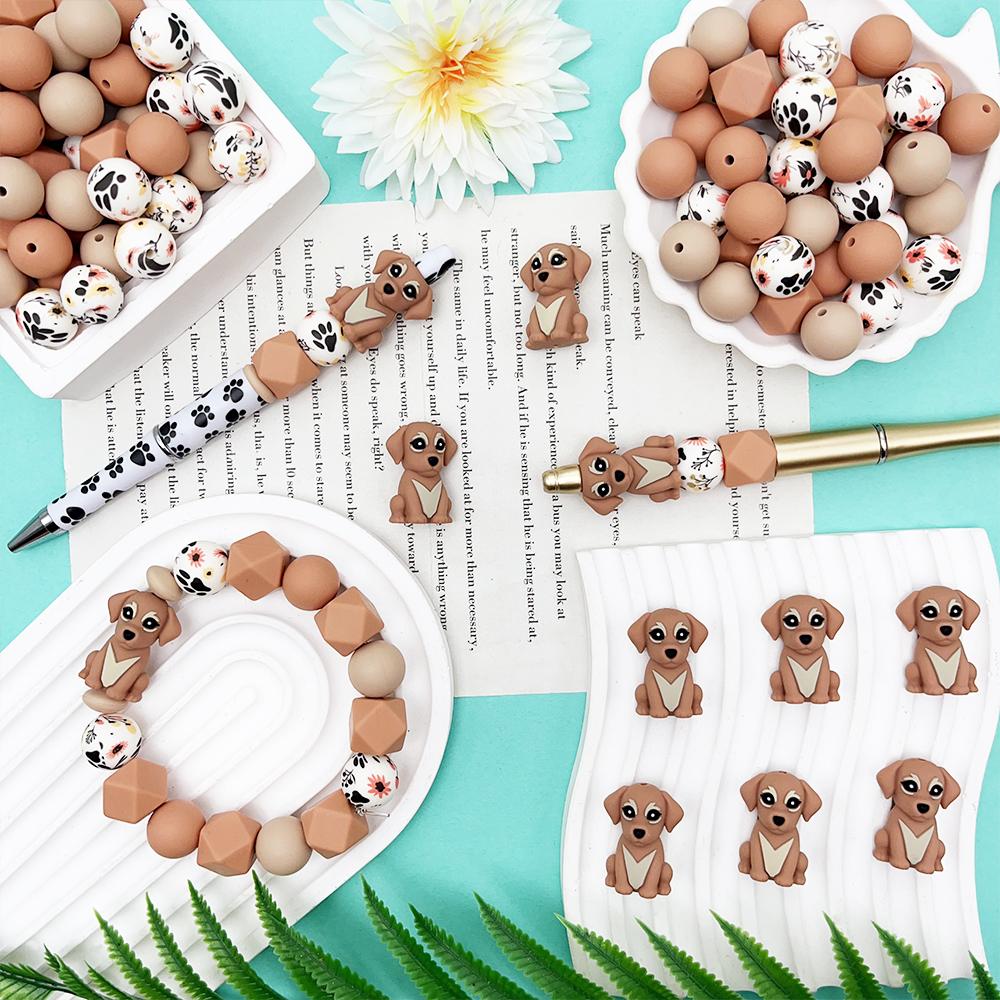 40PCS Brown Cute Dog Silicone Bead Set, perfect for DIY handmade crafts such as keychains, necklaces, bracelets, etc