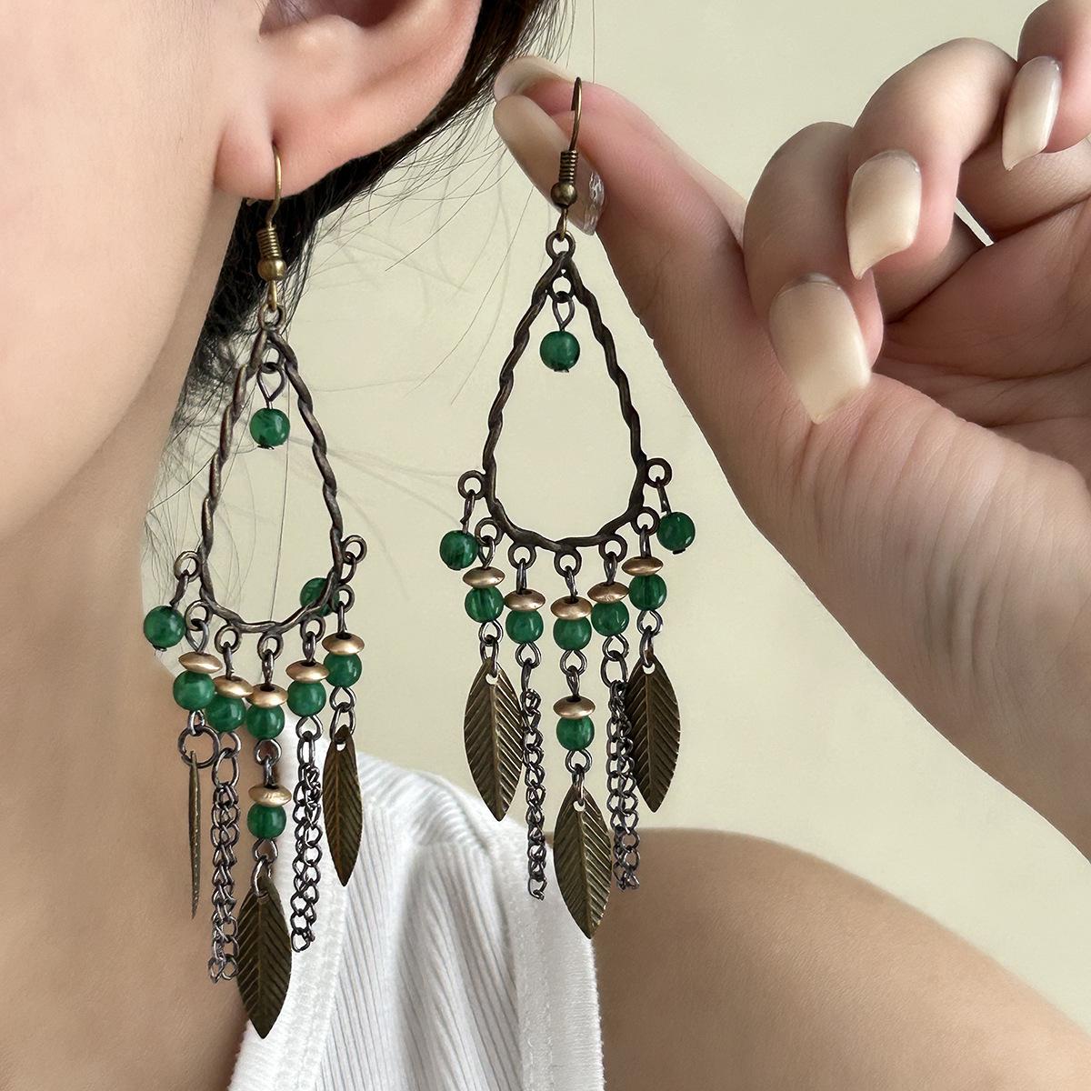 Retro Bohemian Long Green Leaf Beaded Tassel Earrings