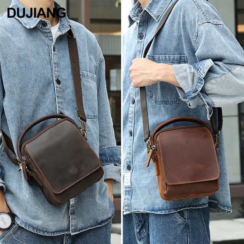 Dujiang Men's Genuine Leather Retro Crossbody Bag - Large Capacity Casual Shoulder Bag