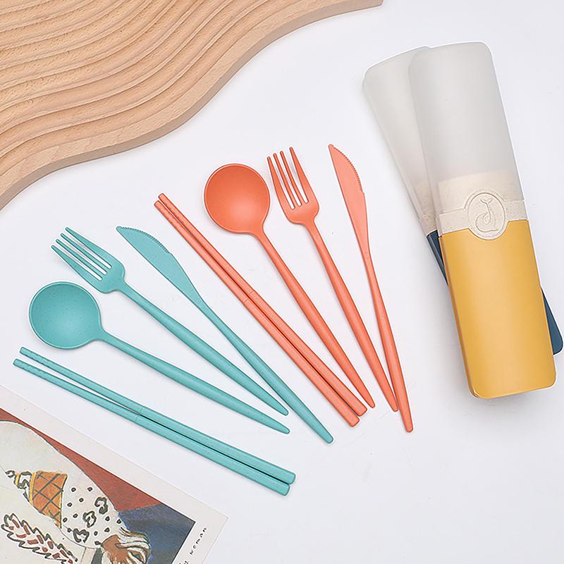 4Pcs Wheat Straw Cutlery Set Portable Tableware Reusable Spoon Knife Chopsticks Fork Travel Picnic With Carrying Box