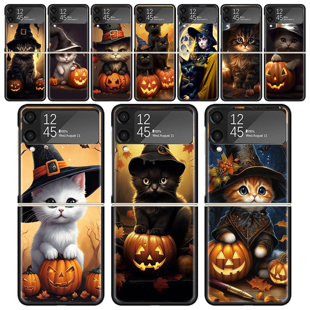 Black Kitten Halloween Pumpkin Cases For Samsung Galaxy Z Flip 4 5 6 7 3 Z Flip7 Flip6 Flip4 Flip5 Flip3 5G Hard Shockproof Fund