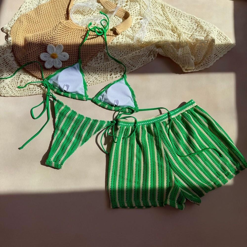 Lace Up Bikini Bathing Suit Sleeveless Knitting Swimsuit Fashion 3 in 1 Swimwear Set Beach
