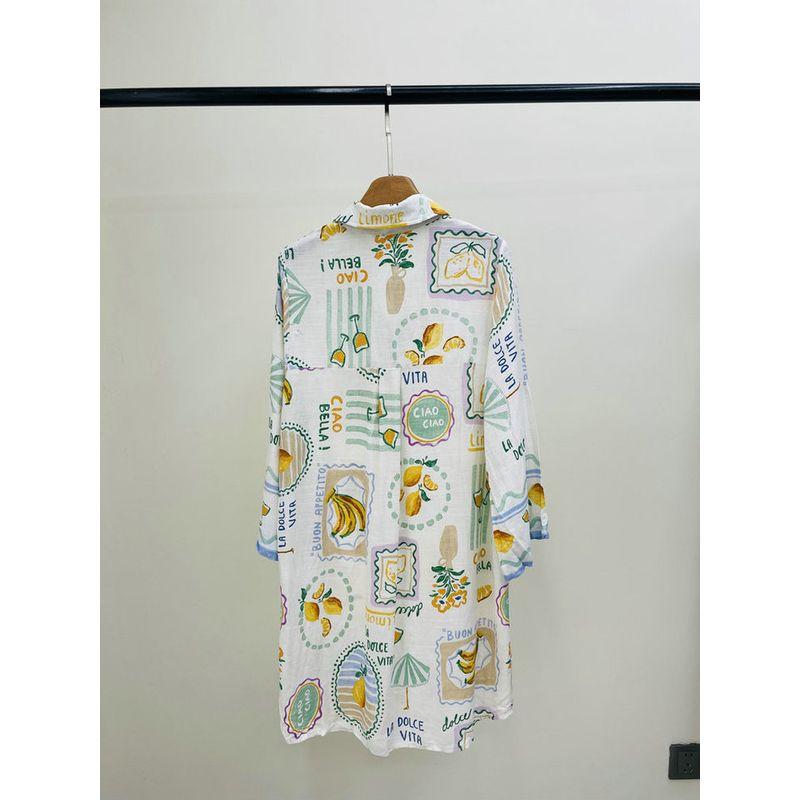 Australian Label of Love Fruit Fermentation Artistic Sense Niche Graffiti Print Cotton and Linen Shirts Mid-Length