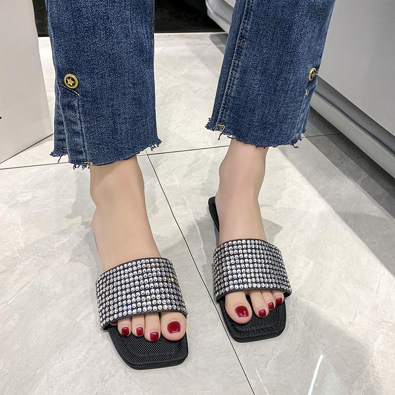 luxury designer shiny crystal slippers women flat heel outdoor slides summer shoes bling sandalias open toe glitter flip flops