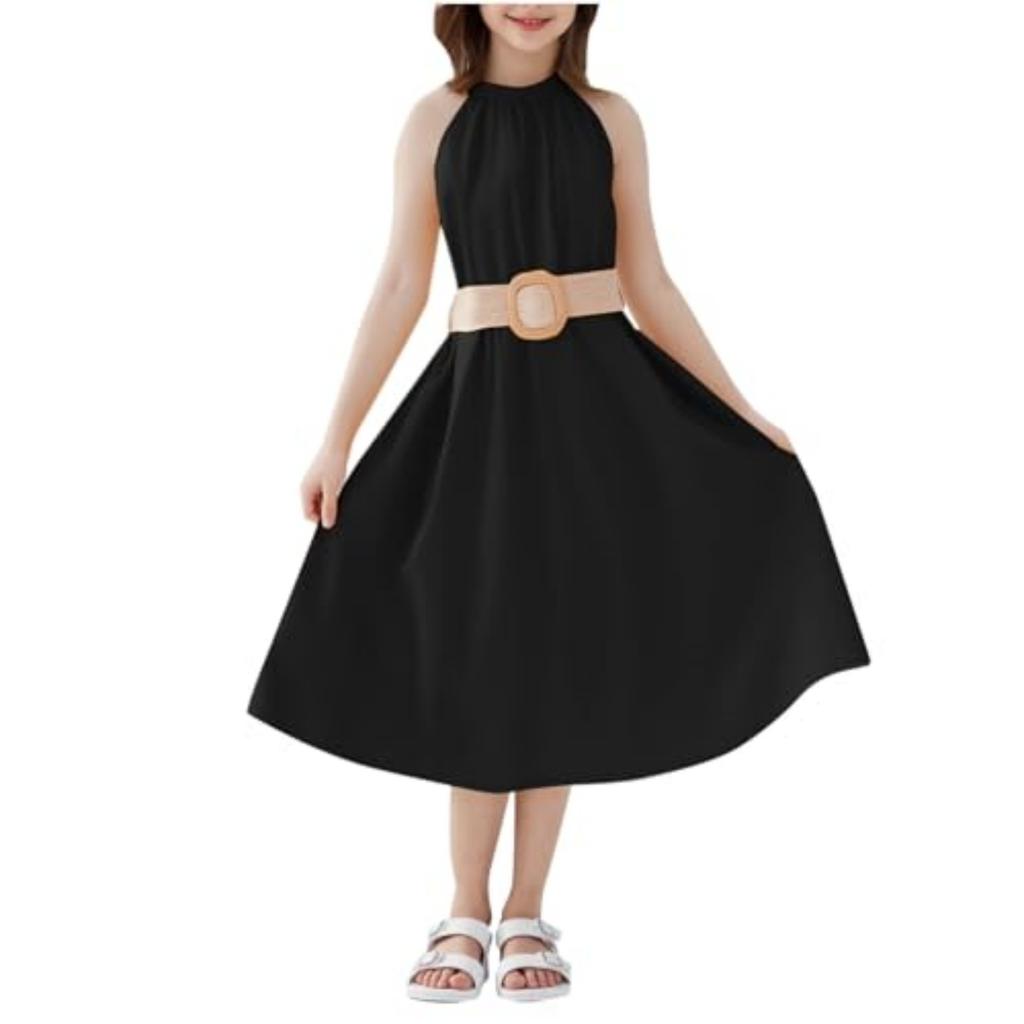 Girls Casual -Neck Sleeveless Waist-defined One-Piece Dress
