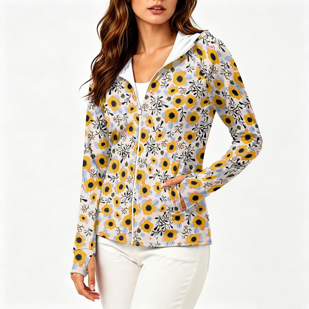 Women's Lightweight Hooded Sun Protection Jacket Full Zip Long Sleeve with Pockets Floral Print Casual Outdoor Lightweight Cover Up