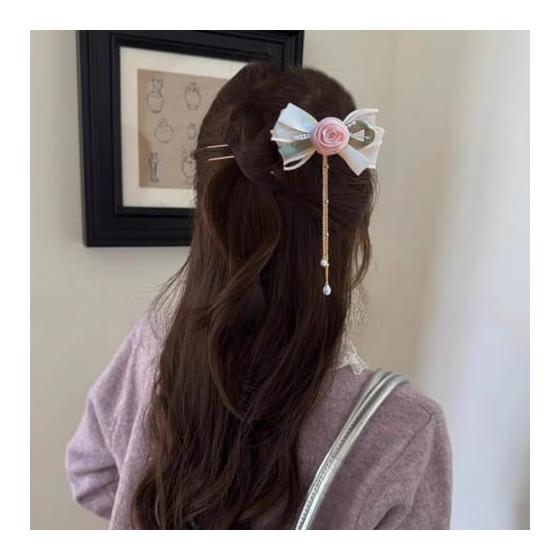 FASELE Hair Stick, Hair Accessory, Casual, Stylish, Sweet, Cute Rose Flower Ribbon Hair Clip, Popular Women's Elegant Fashionable for Kimono, Western