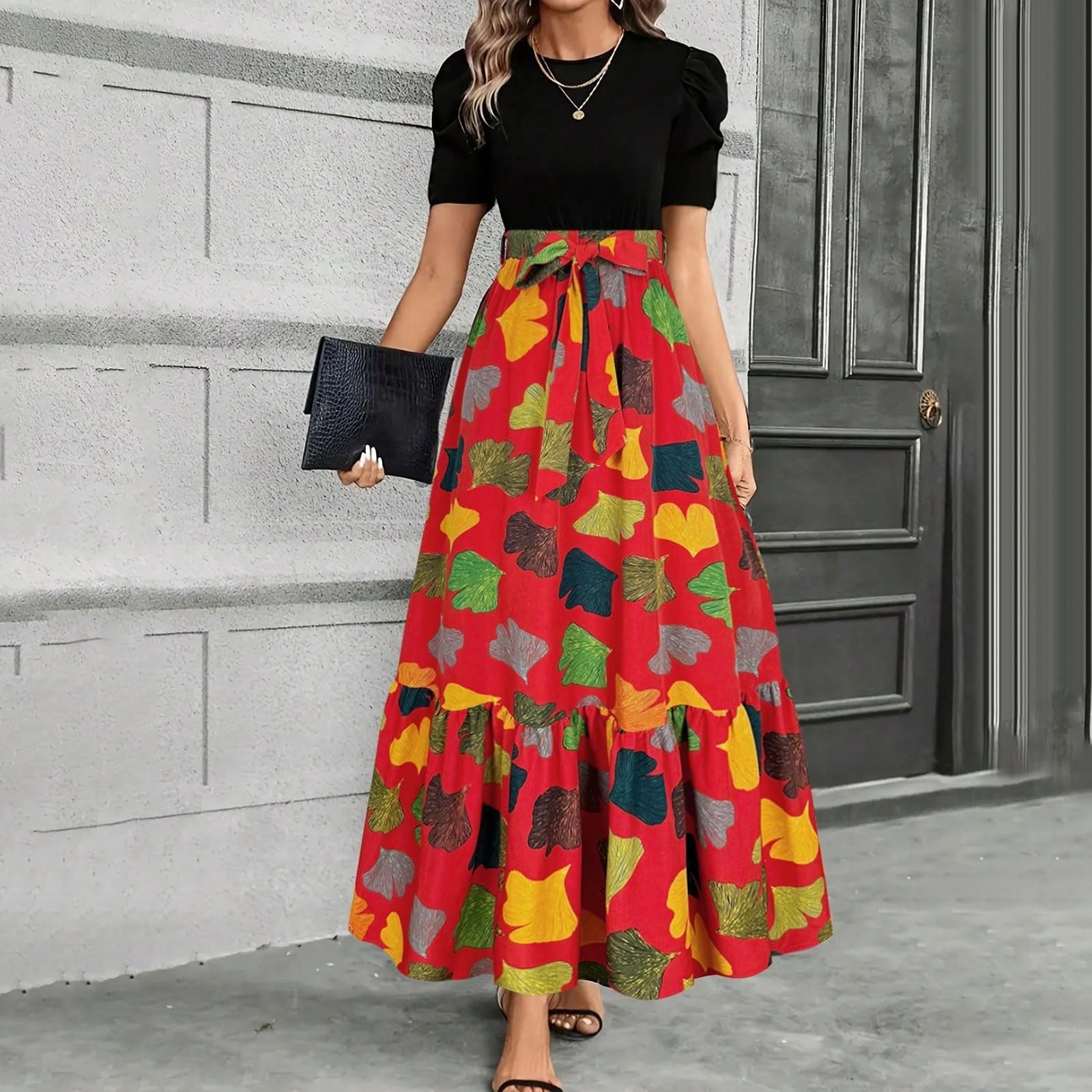 Women s Fashionable Casual Short-Sleeve Dress With Leaf Print S