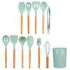 12Pcs/Set Cooking Utensil with Wooden Handle Silicone Cooking Tool for Home KitchenLight Green