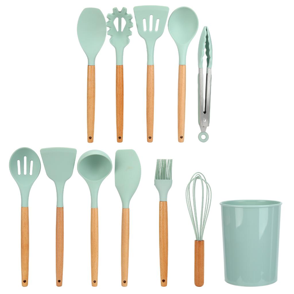 12Pcs/Set Cooking Utensil with Wooden Handle Silicone Cooking Tool for Home KitchenLight Green