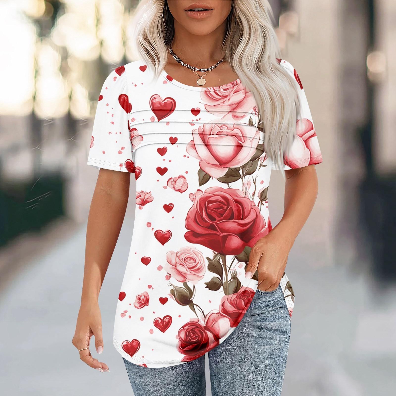 

Женский топ с короткими рукавами и круглым вырезом, с принтом в виде сердечек ко Дню святого Валентина, плиссированный XL белый