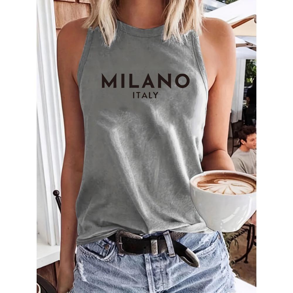 Women's summer casual loose print round neck sleeveless vest T-shirt