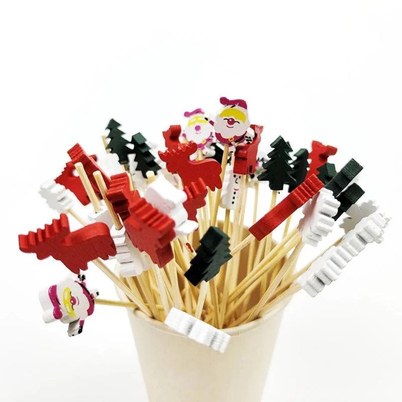 100Pcs Christmas Disposable Bamboo Skewers Food Picks Fruit Fork Party Cake Dessert Salad Sticks Toothpick Skewer
