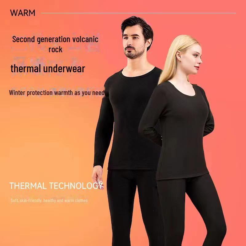 Volcanic Rock Winter Thermal Suit: Thick, Solid Color Round Neck Underwear for Men & Women - Autumn/Winter