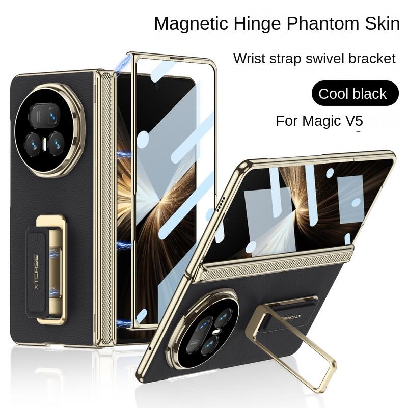 Adjustable Wristband Holder Plated Gold Frame Leather Hinge Case for Honor Magic V5 with Glass Film Lens Protect Cover