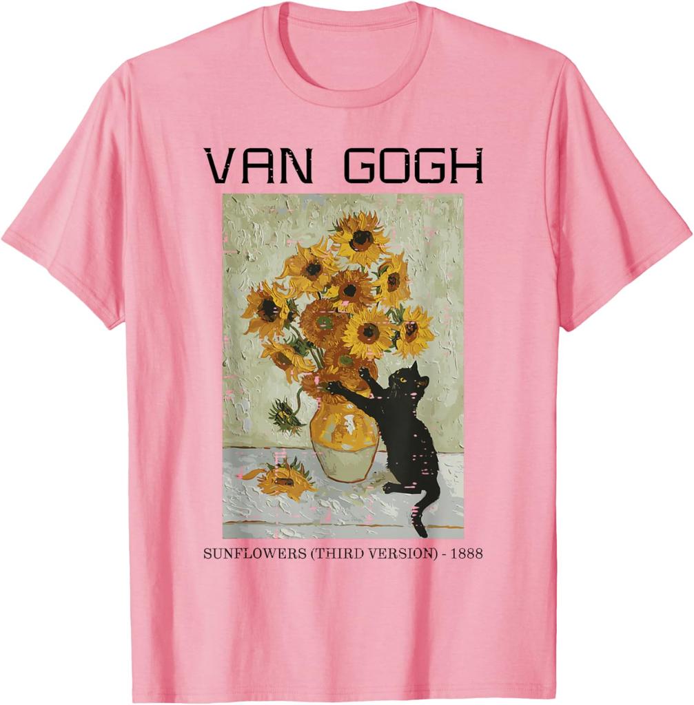 Van Gogh Sunflowers Cat Black Cat Art Graphic Tee Casual Short Sleeve TShirt for Men Women