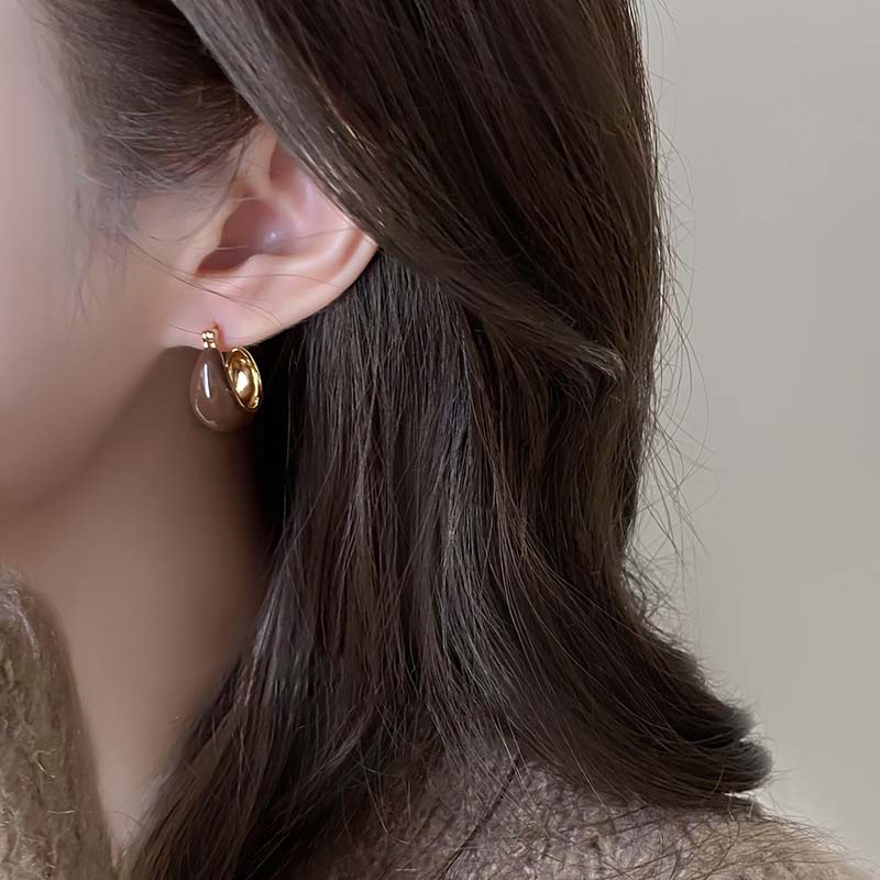 Vintage Coffee Color Dripping Oil U-shaped Hoop Earrings for Women Simple Brown Round Personality Earring Zircon 2025