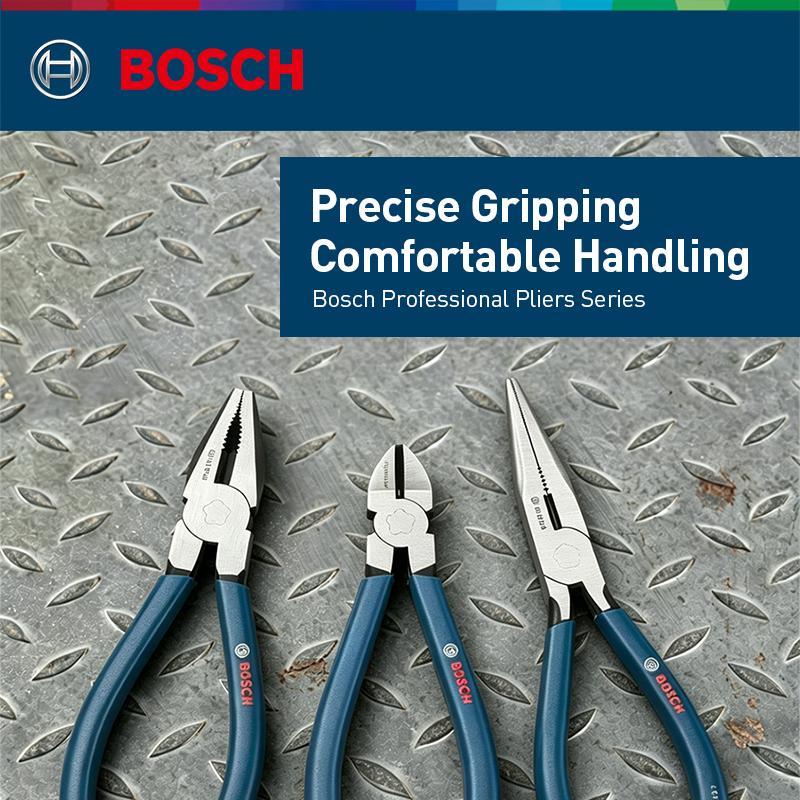 Bosch 3Pcs Pliers Set Chrome Vanadium Steel Hardened Teeth, Phosphated Black Finish, Ergonomic Dip-Molded Handles Long Nose & Diagonal Cutting Pliers