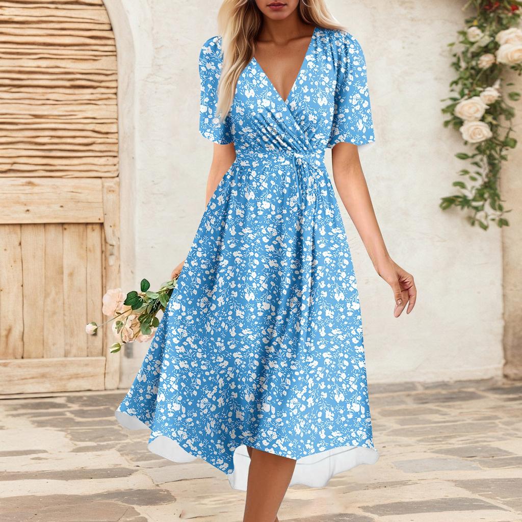 Women's Summer Loose V Neck Short Sleeve Dress, Elegant Dress